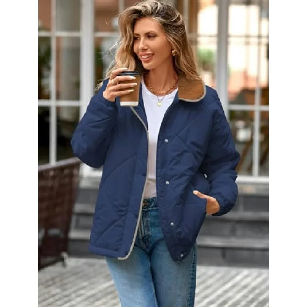 Women's Winter Quilted Puffer Jacket Long Sleeve Zip Button Coat